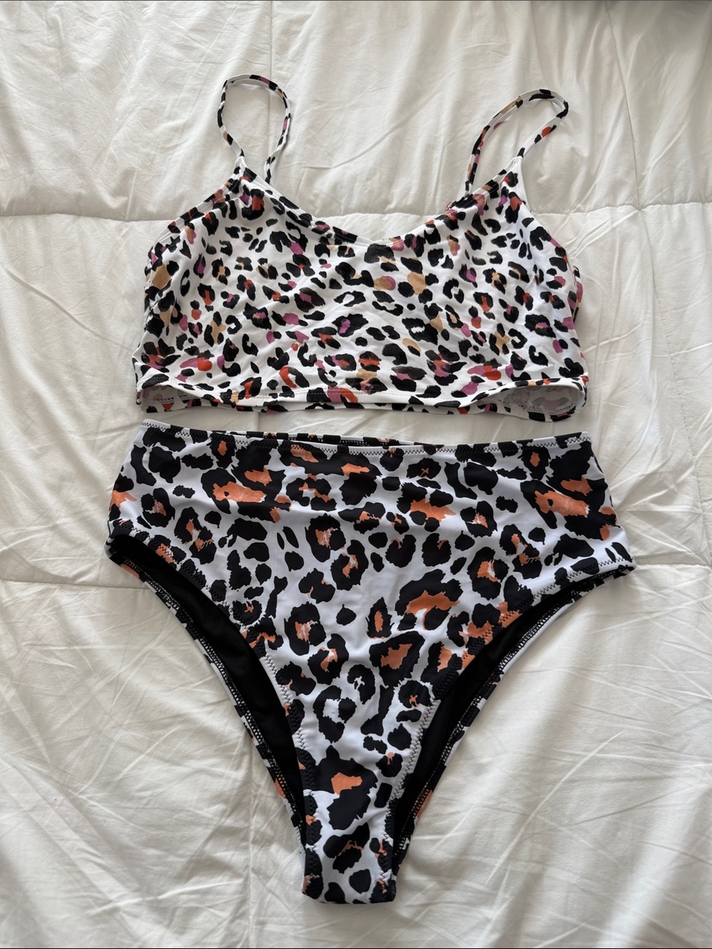 Leopard Print Two-Piece Bikini Set in White, Black & Brown